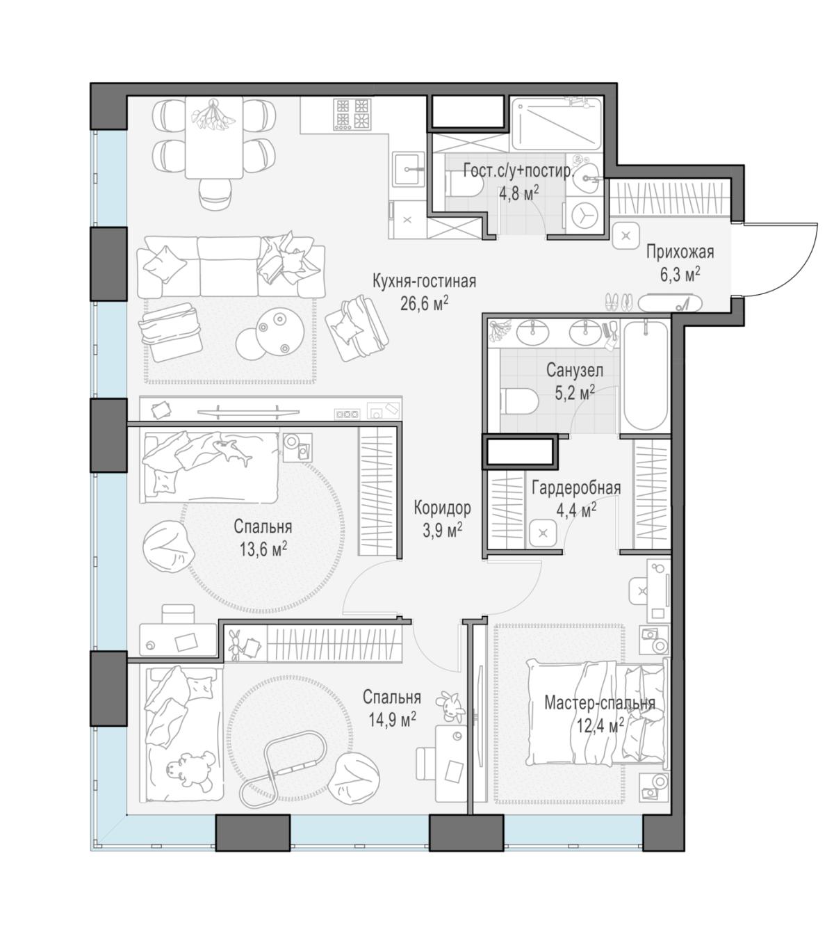 Планировка 4-комнатная квартира в ЖК West Garden (Вест Гарден)