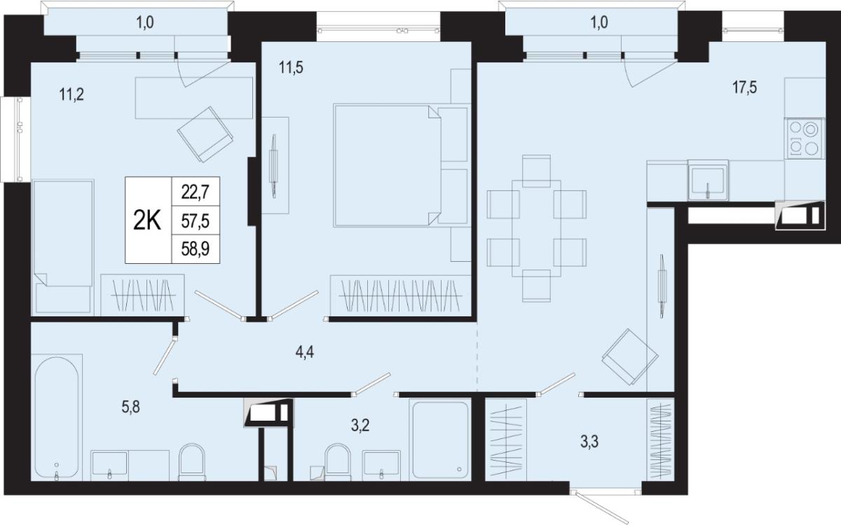 Планировка 2-комнатная квартира в ЖК "Новая Щербинка"