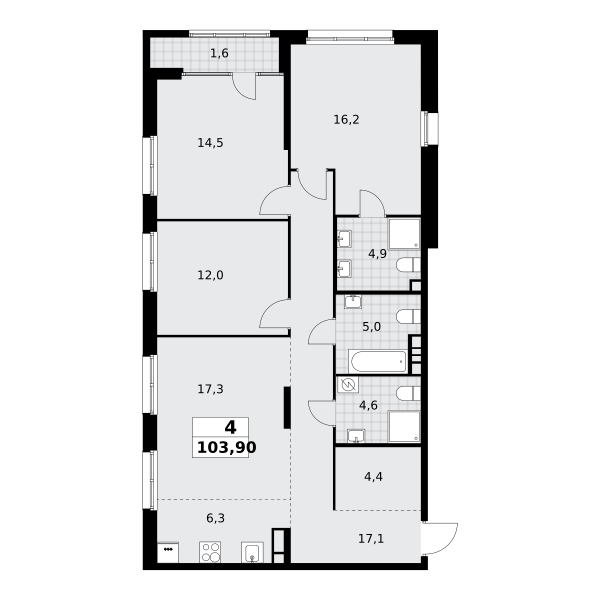 Планировка 4-комнатная квартира в ЖК "Дом на Зорге"