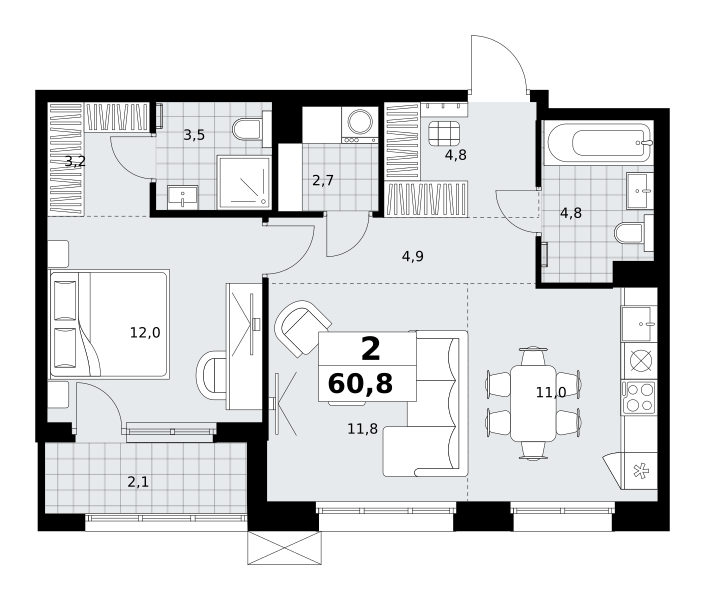 Планировка 2-комнатная квартира в ЖК "Дзен-кварталы"