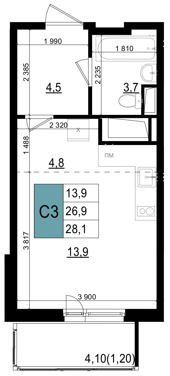 Планировка Студийная планировка в ЖК "Одинцово Сити"