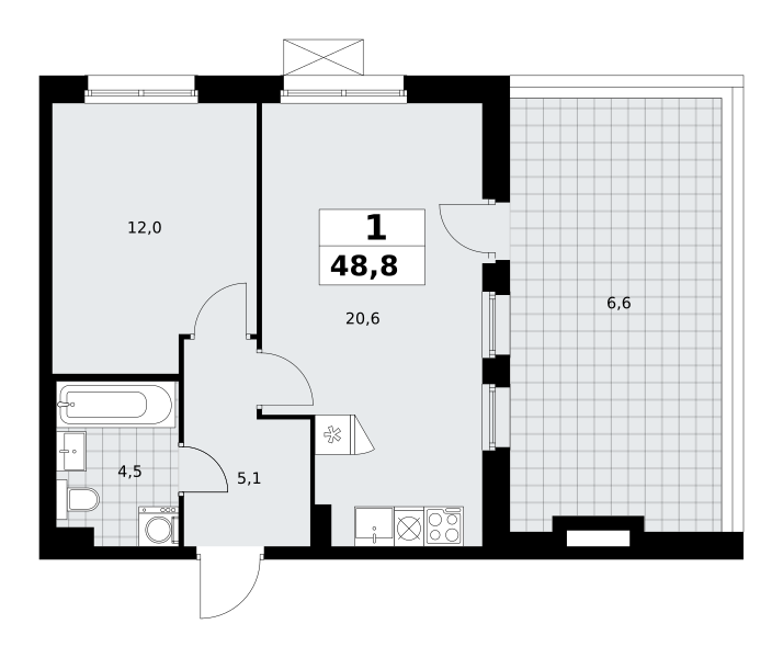 Планировка 1-комнатная квартира в ЖК "Прокшино"