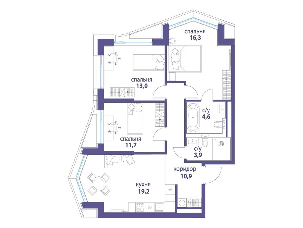 Планировка 3-комнатная квартира в ЖК "Символ"