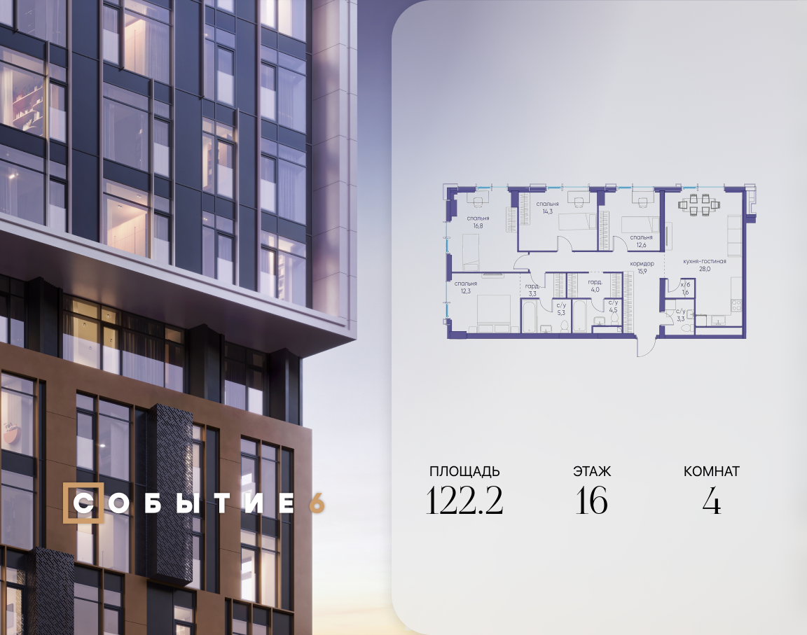 Планировка 4-комнатная квартира в ЖК "Событие"