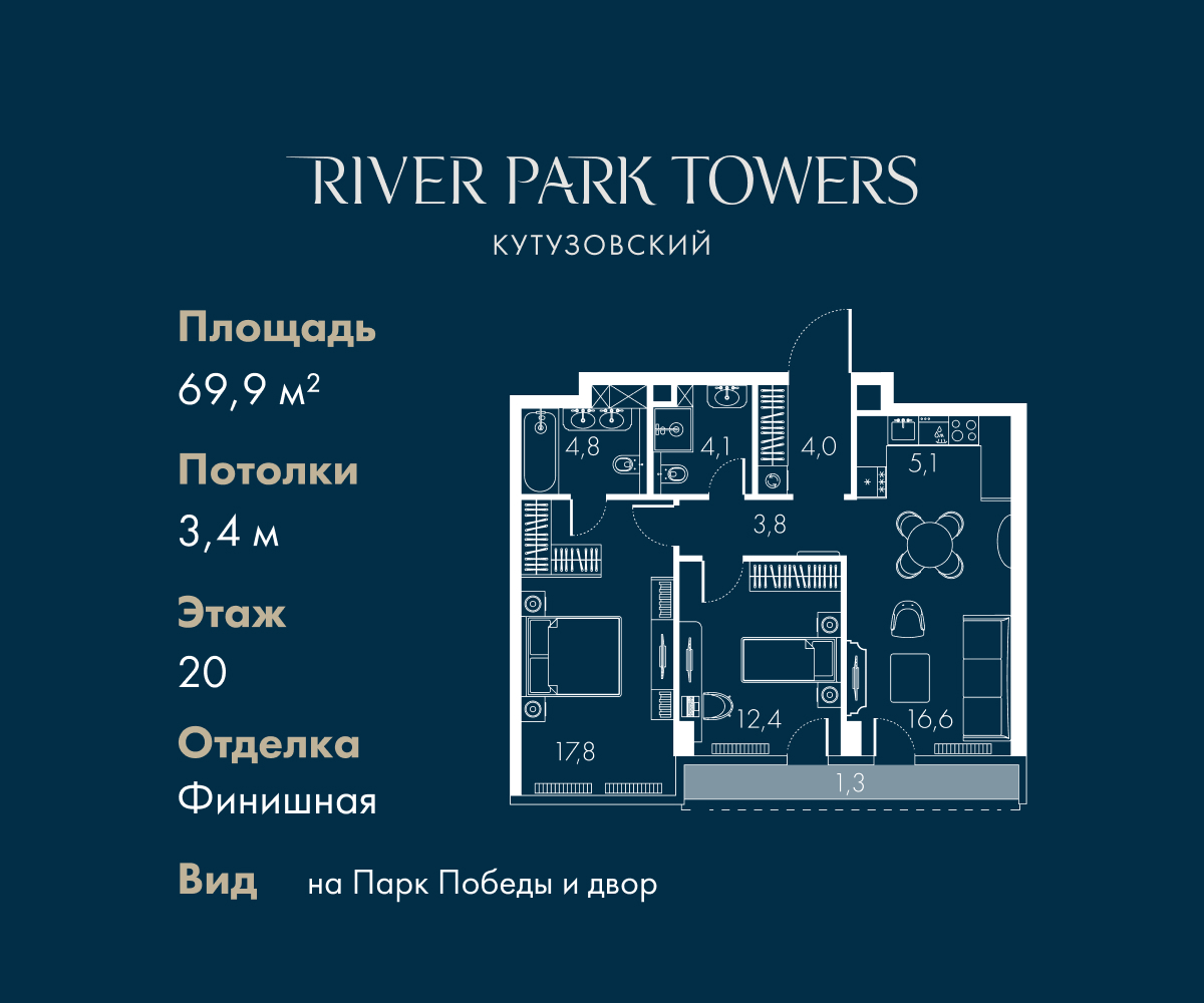 Планировка 2-комнатная квартира в ЖК "River Park Кутузовский" (Ривер парк Кутузовский)