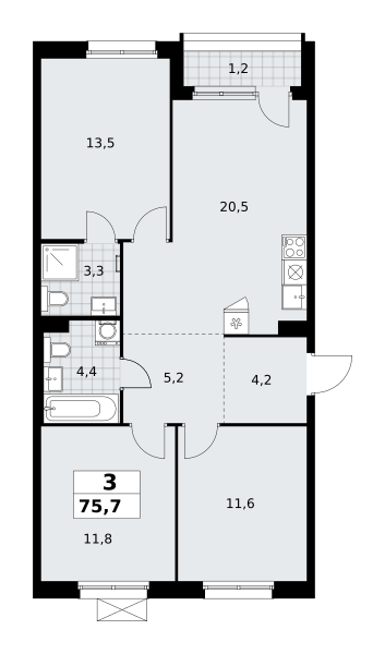 Планировка 3-комнатная квартира в ЖК "Прокшино"