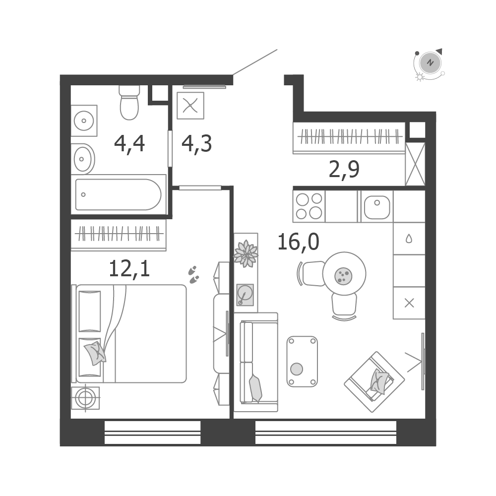 Планировка 1-комнатная квартира в ЖК Shagal (Шагал)