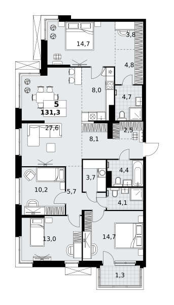 Планировка 5-комнатная квартира в ЖК "Дзен-кварталы"