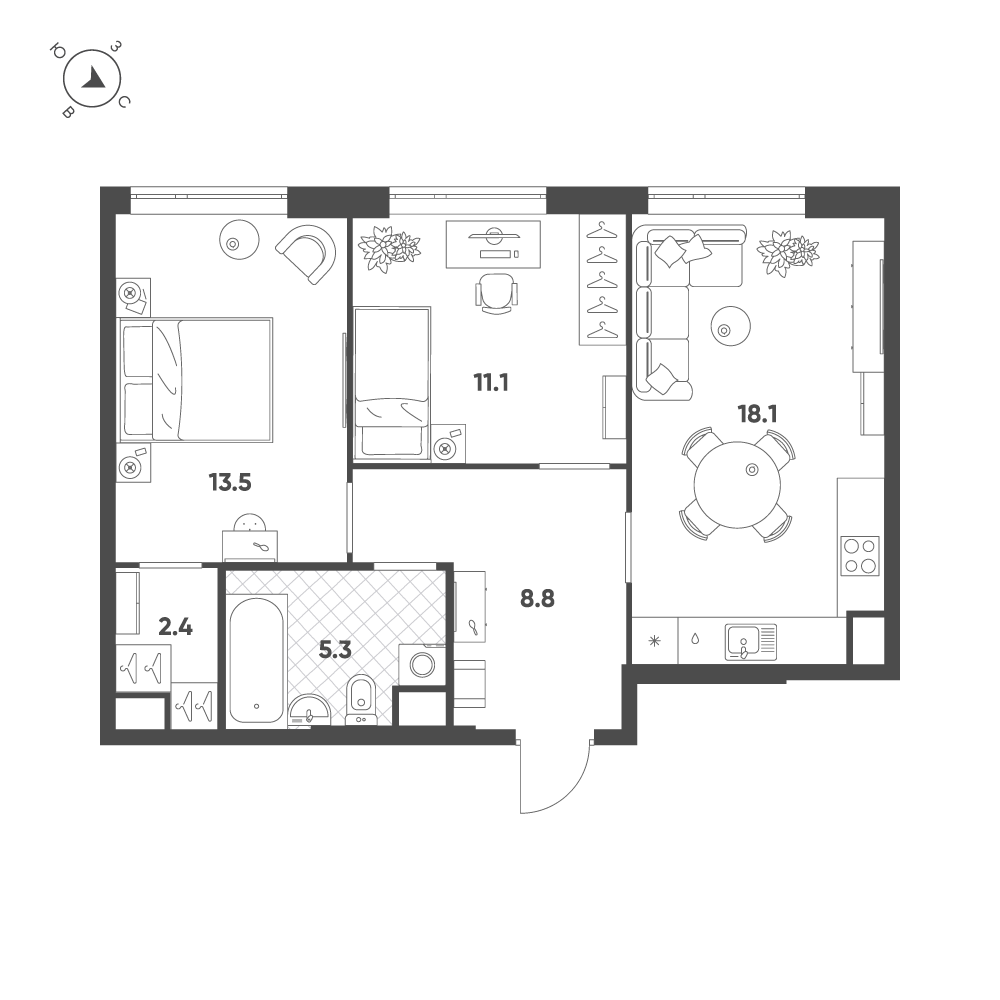 Планировка 2-комнатная квартира в ЖК Voxhall (Воксхолл)