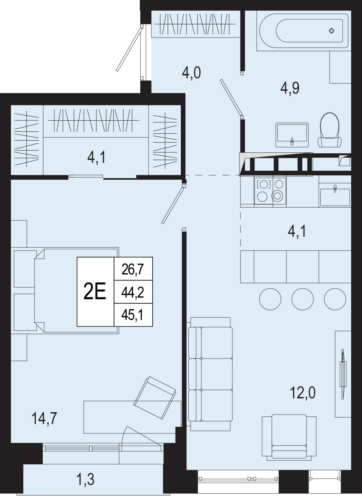 Планировка 2-комнатная квартира в ЖК "Новая Щербинка"