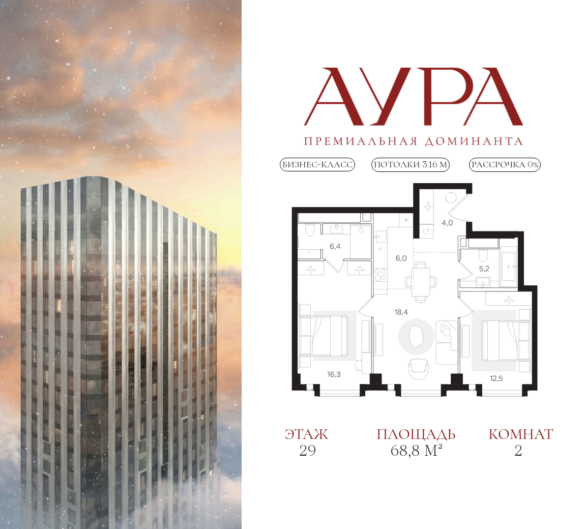 Планировка 2-комнатная квартира в ЖК "АУРА" (Мангазея на Тульской)