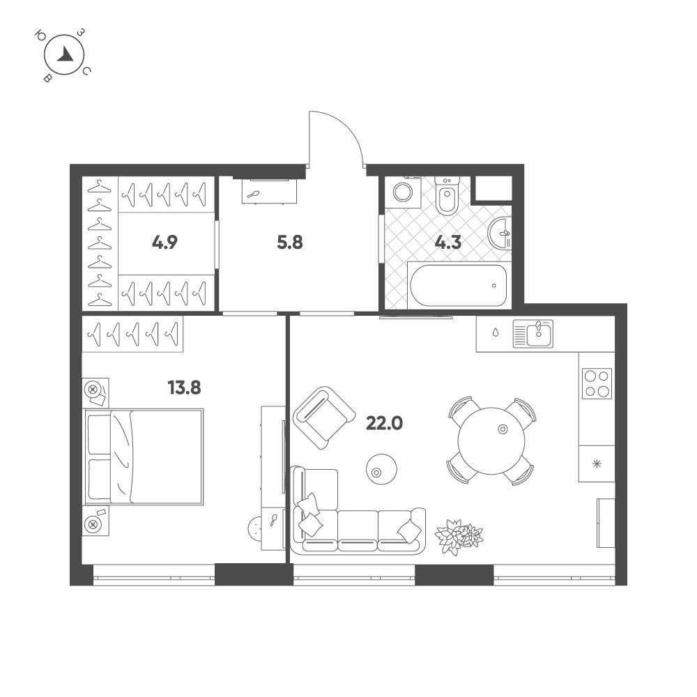 Планировка 1-комнатная квартира в ЖК Voxhall (Воксхолл)