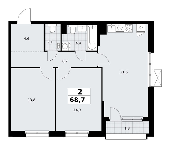 Планировка 2-комнатная квартира в ЖК "Прокшино"