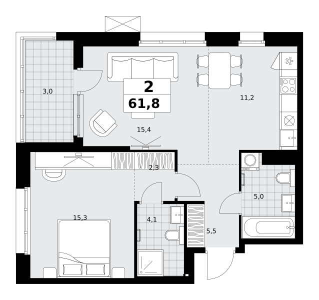 Планировка 2-комнатная квартира в ЖК "Дзен-кварталы"