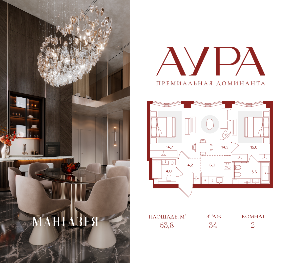 Планировка 2-комнатная квартира в ЖК "АУРА" (Мангазея на Тульской)