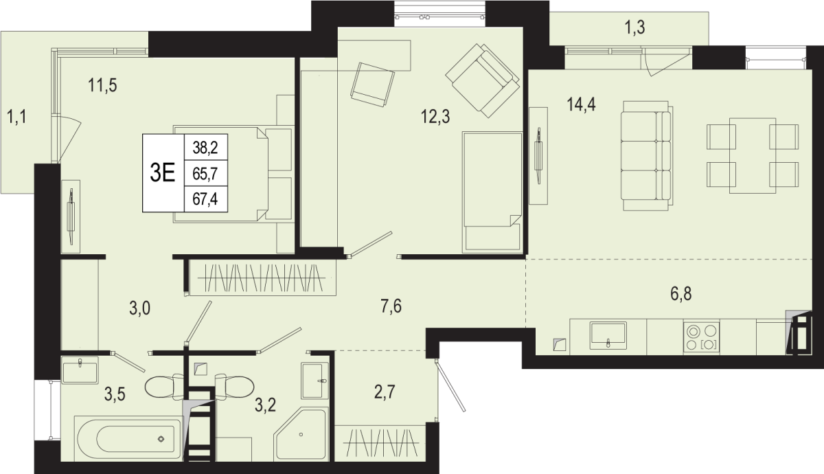 Планировка 3-комнатная квартира в ЖК "Новая Щербинка"