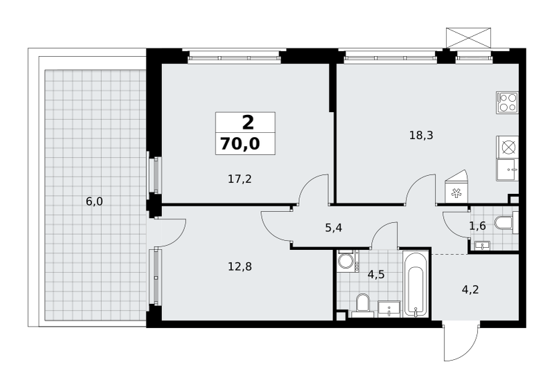 Планировка 2-комнатная квартира в ЖК "Прокшино"