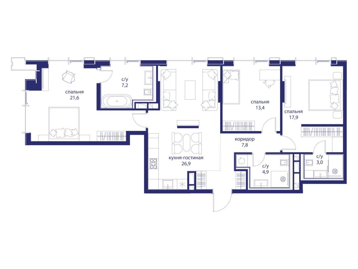 Планировка 3-комнатная квартира в ЖК "Событие"