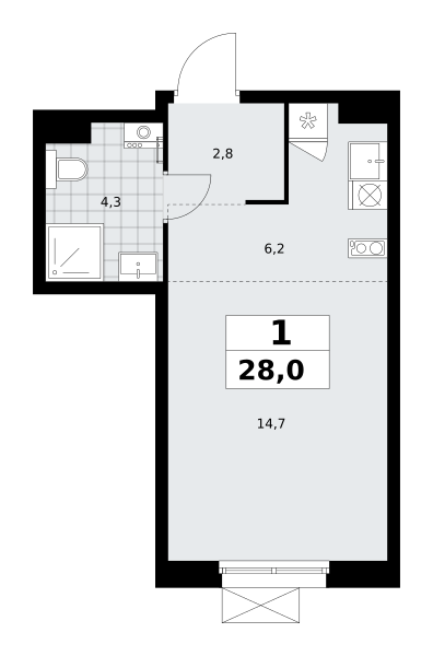 Планировка 1-комнатная квартира в ЖК "Прокшино"