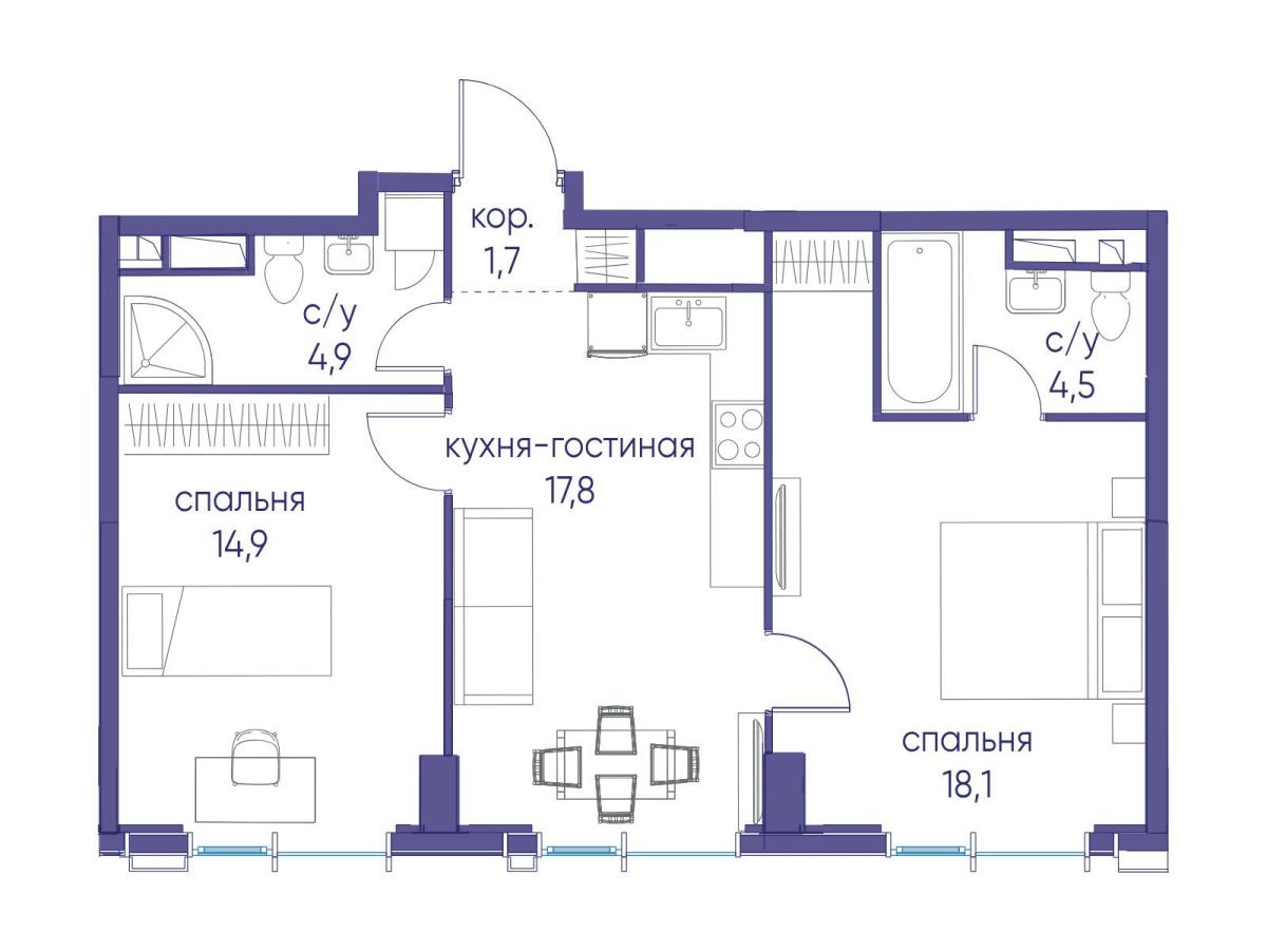 Планировка 2-комнатная квартира в ЖК "Событие"