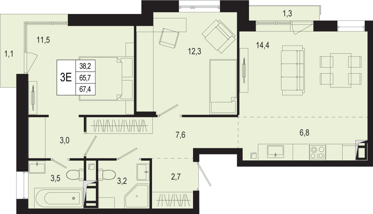 Планировка 3-комнатная квартира в ЖК "Новая Щербинка"