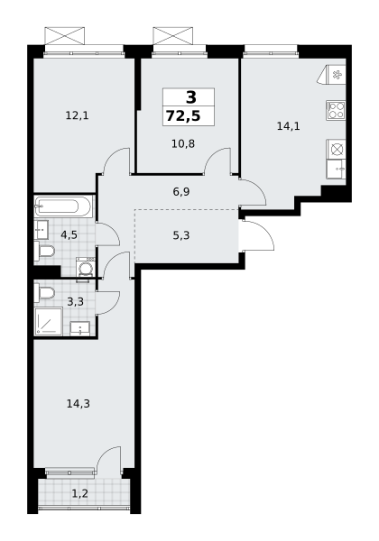 Планировка 3-комнатная квартира в ЖК "Прокшино"