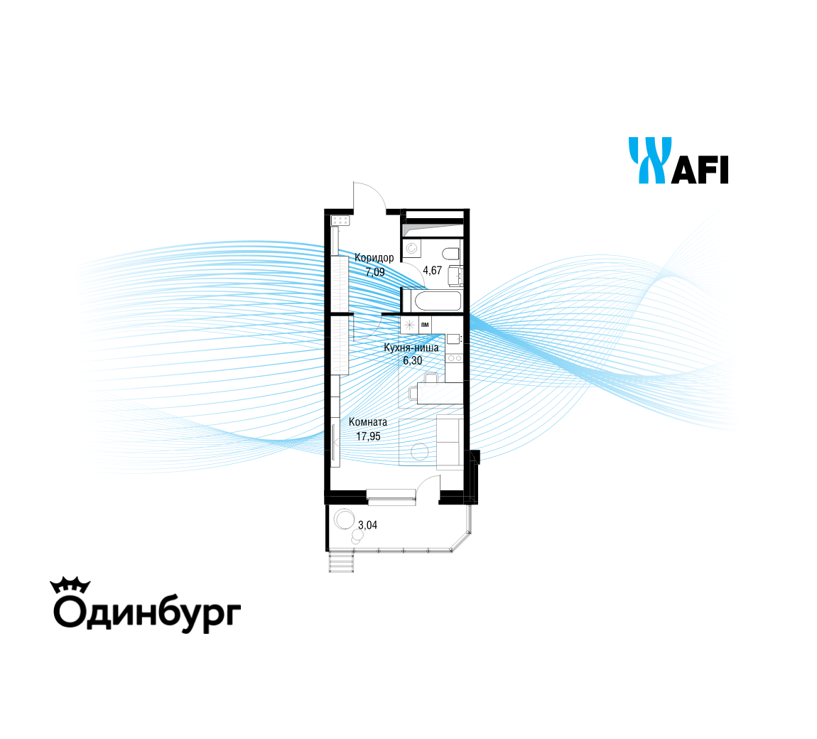Планировка Студийная планировка в ЖК "Одинбург"