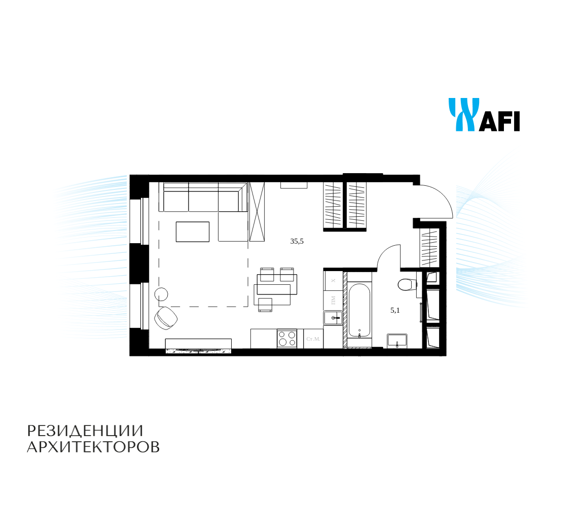 Планировка 1-комнатная квартира в ЖК "Резиденции Архитекторов"
