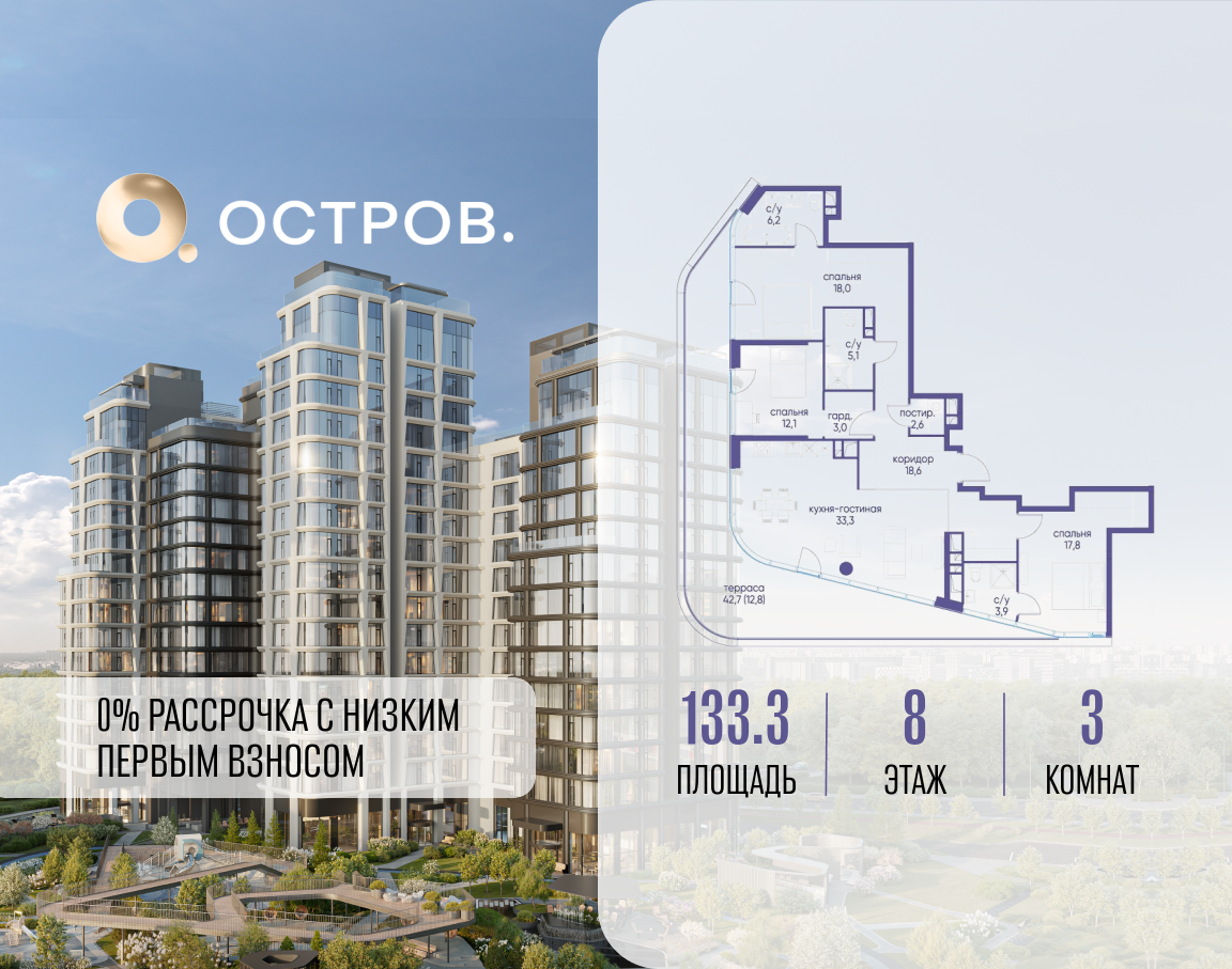 Планировка 3-комнатная квартира в ЖК "Остров"