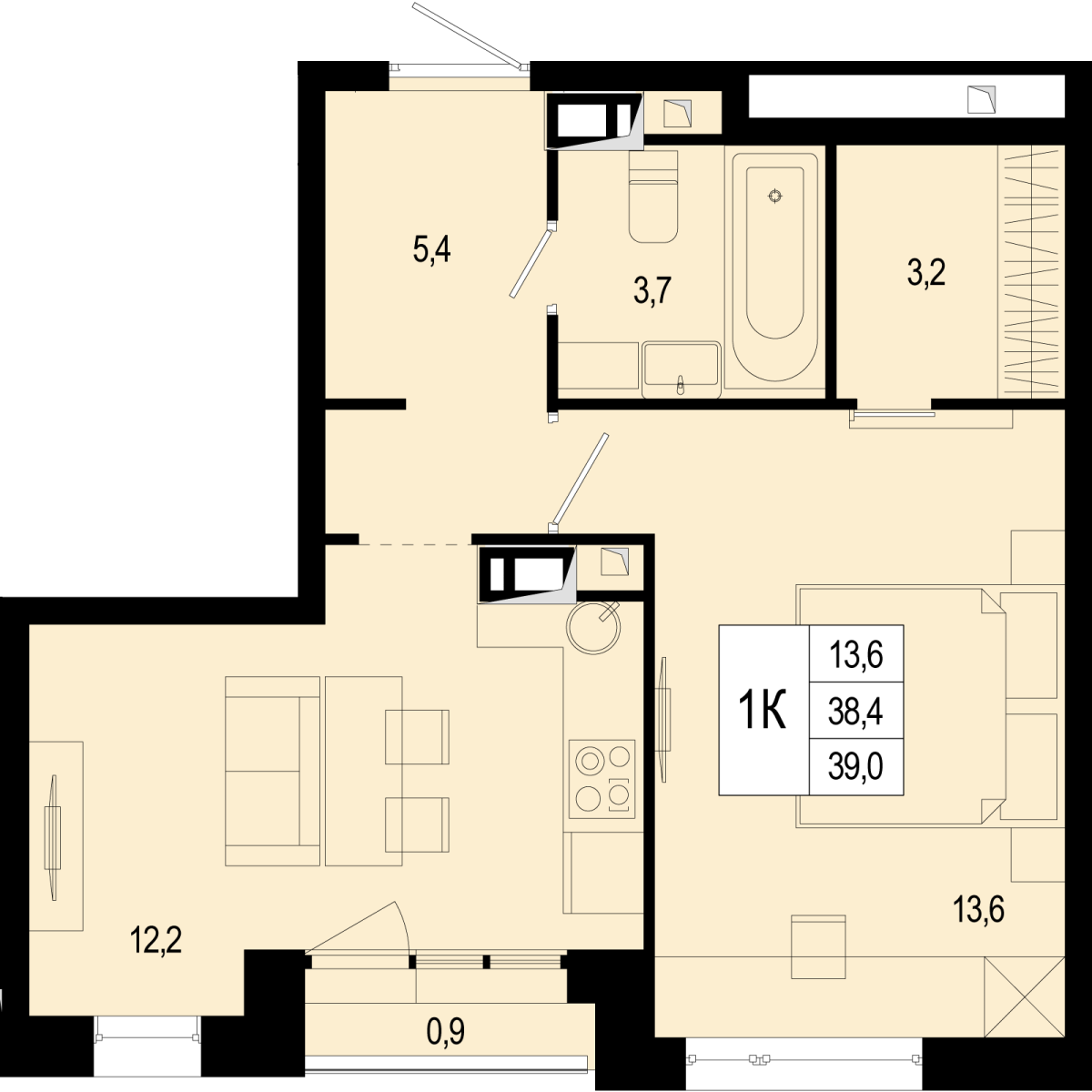 Планировка 1-комнатная квартира в ЖК "Новая Щербинка"