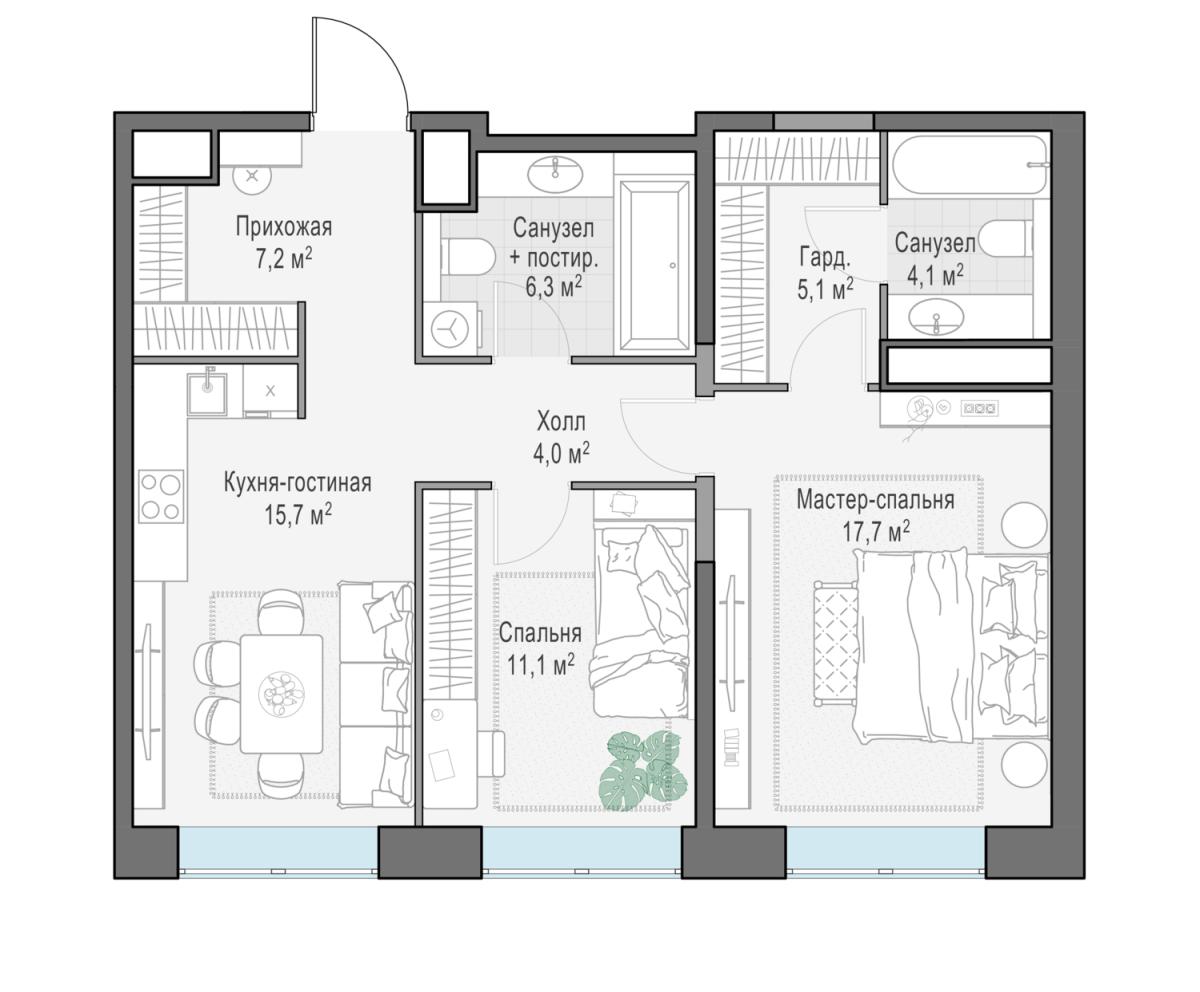 Планировка 1-комнатная квартира в ЖК West Garden (Вест Гарден)