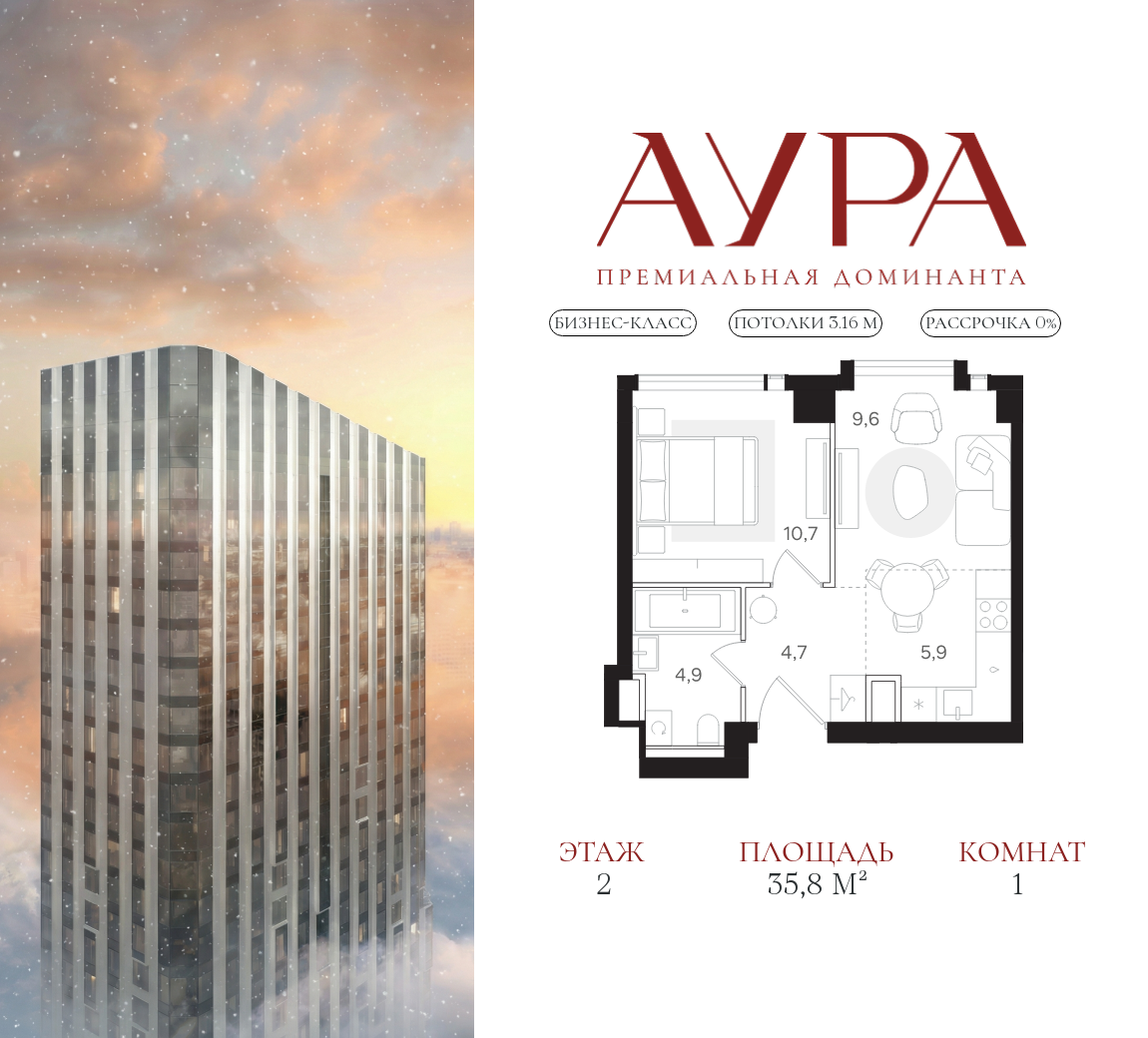 Планировка 1-комнатная квартира в ЖК "АУРА" (Мангазея на Тульской)