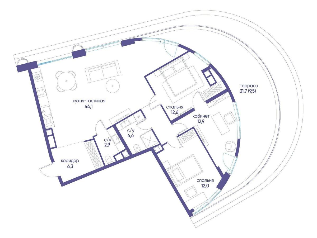 Планировка 3-комнатная квартира в ЖК "Остров"