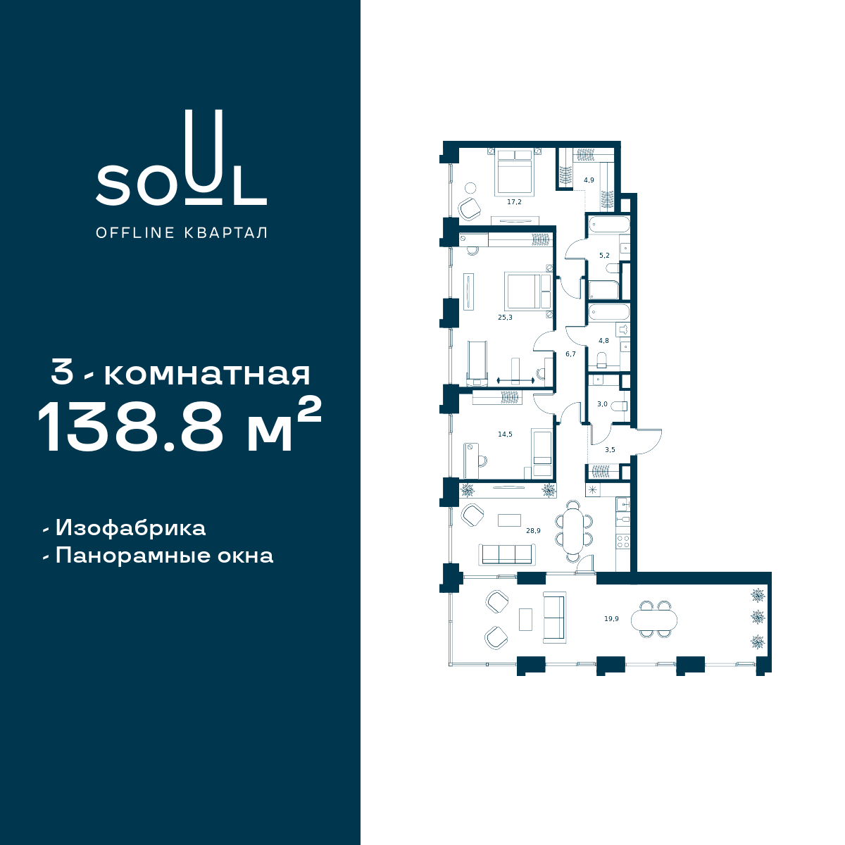 Планировка 3-комнатная квартира в ЖК Soul (Соул)