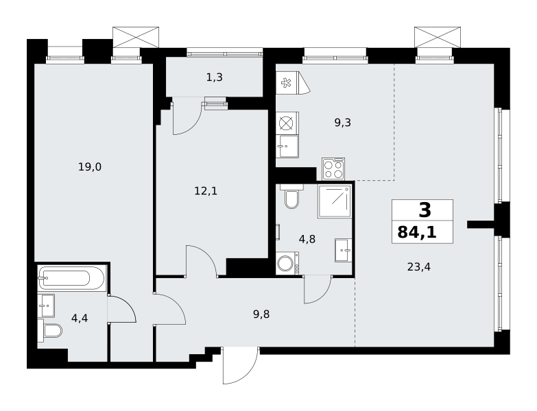 Планировка 3-комнатная квартира в ЖК "Прокшино"