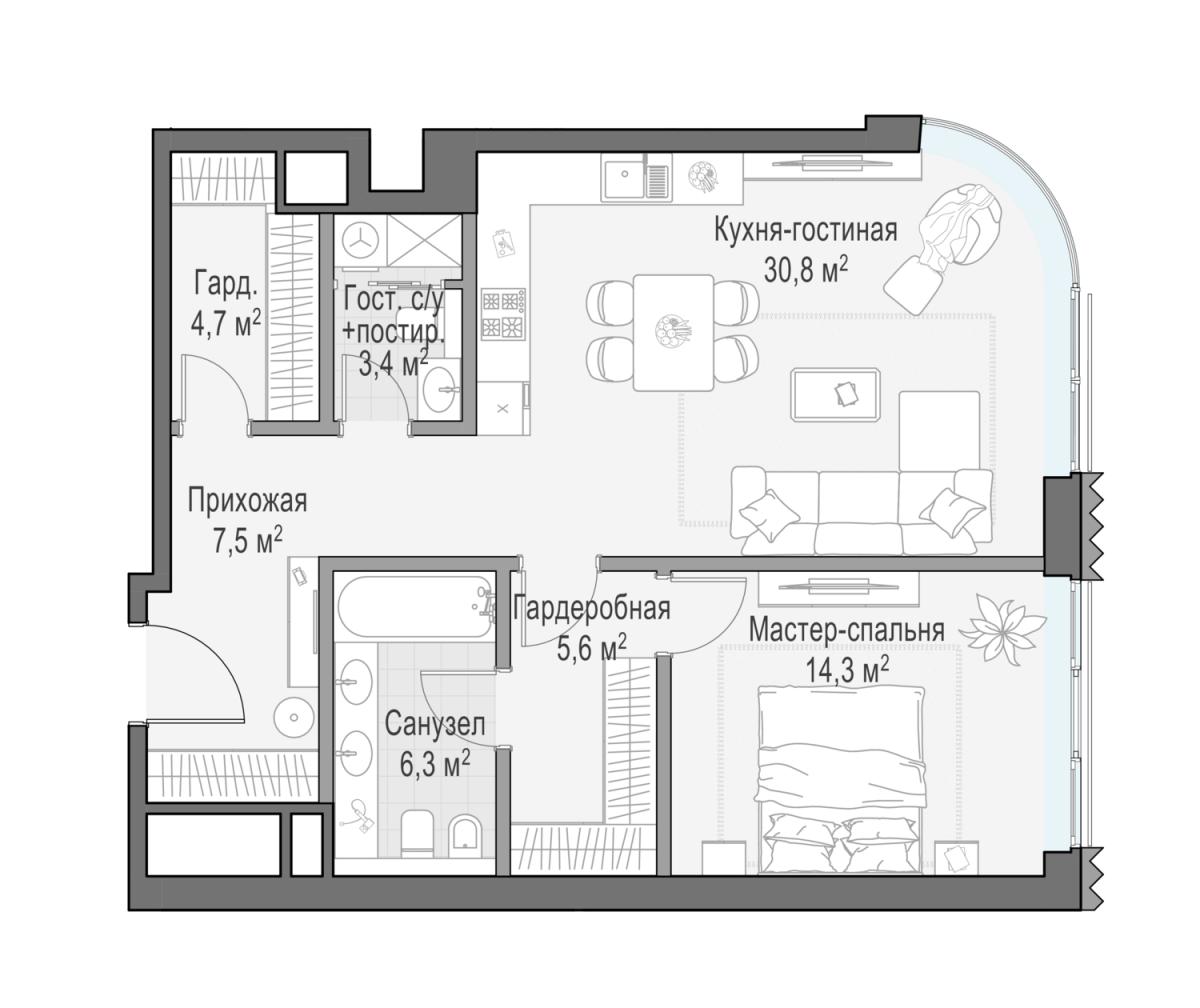 Планировка 1-комнатная квартира в ЖК "Лаврушинский"