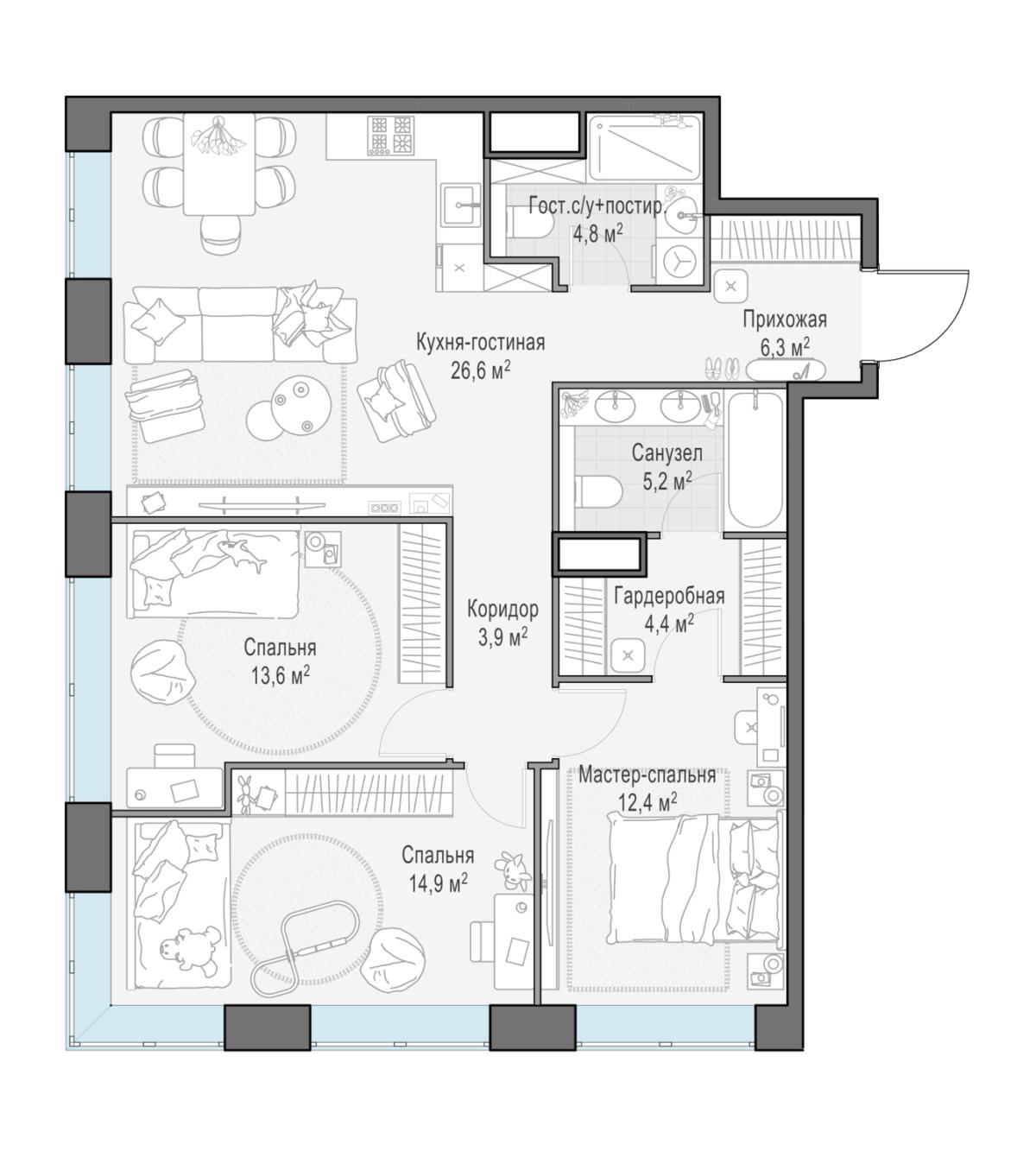 Планировка 4-комнатная квартира в ЖК West Garden (Вест Гарден)