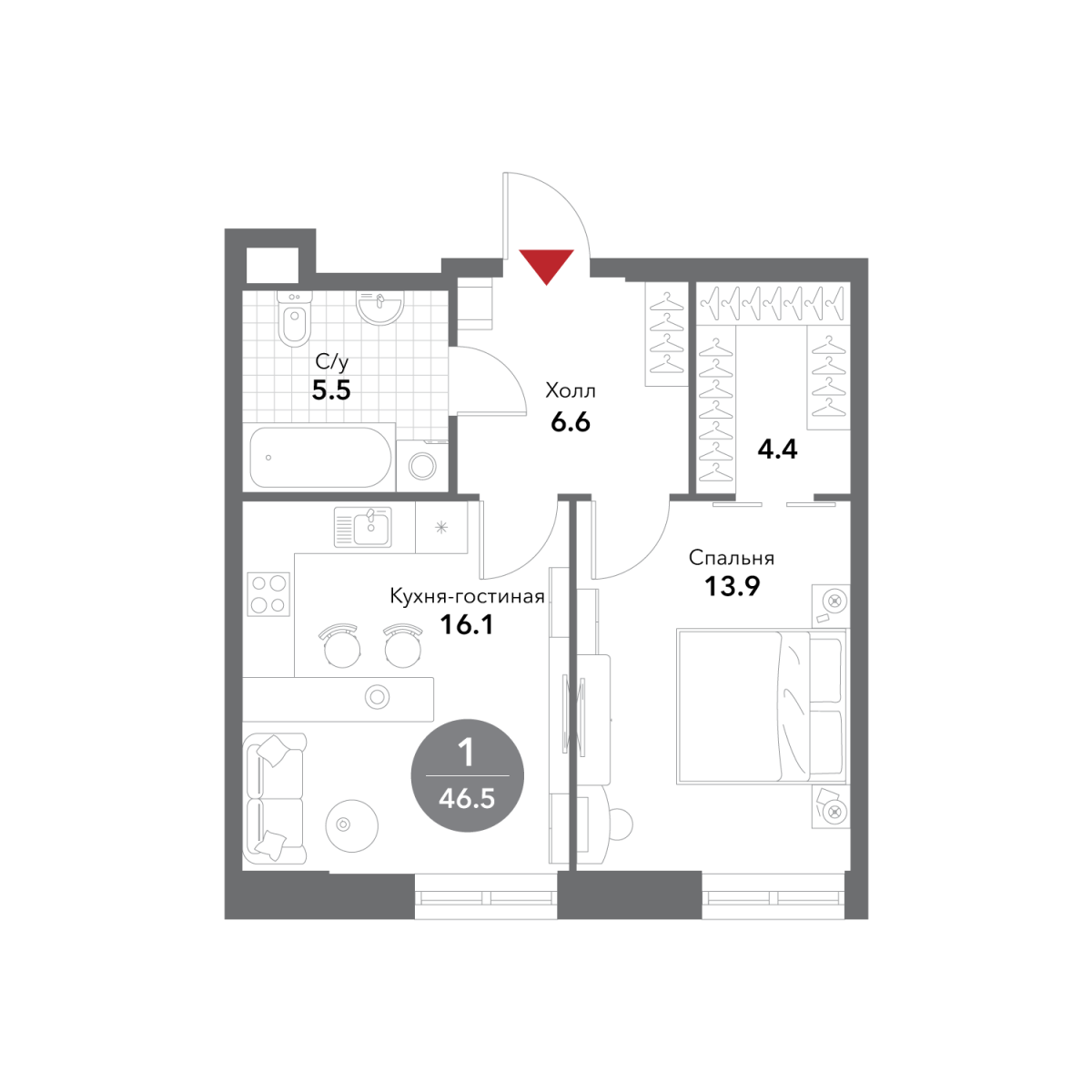 Планировка 1-комнатная квартира в ЖК Voxhall (Воксхолл)