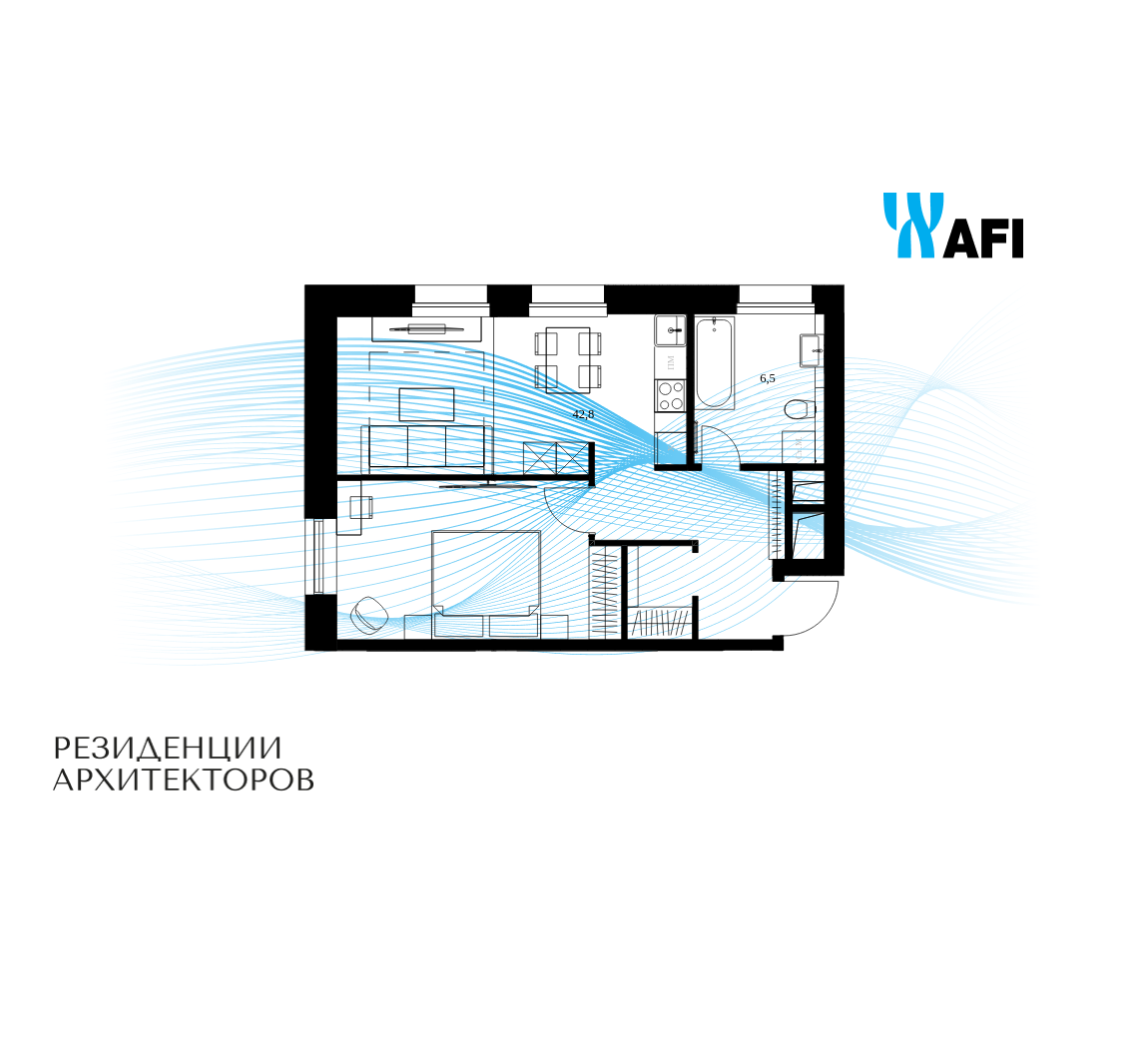 Планировка 1-комнатная квартира в ЖК "Резиденции Архитекторов"