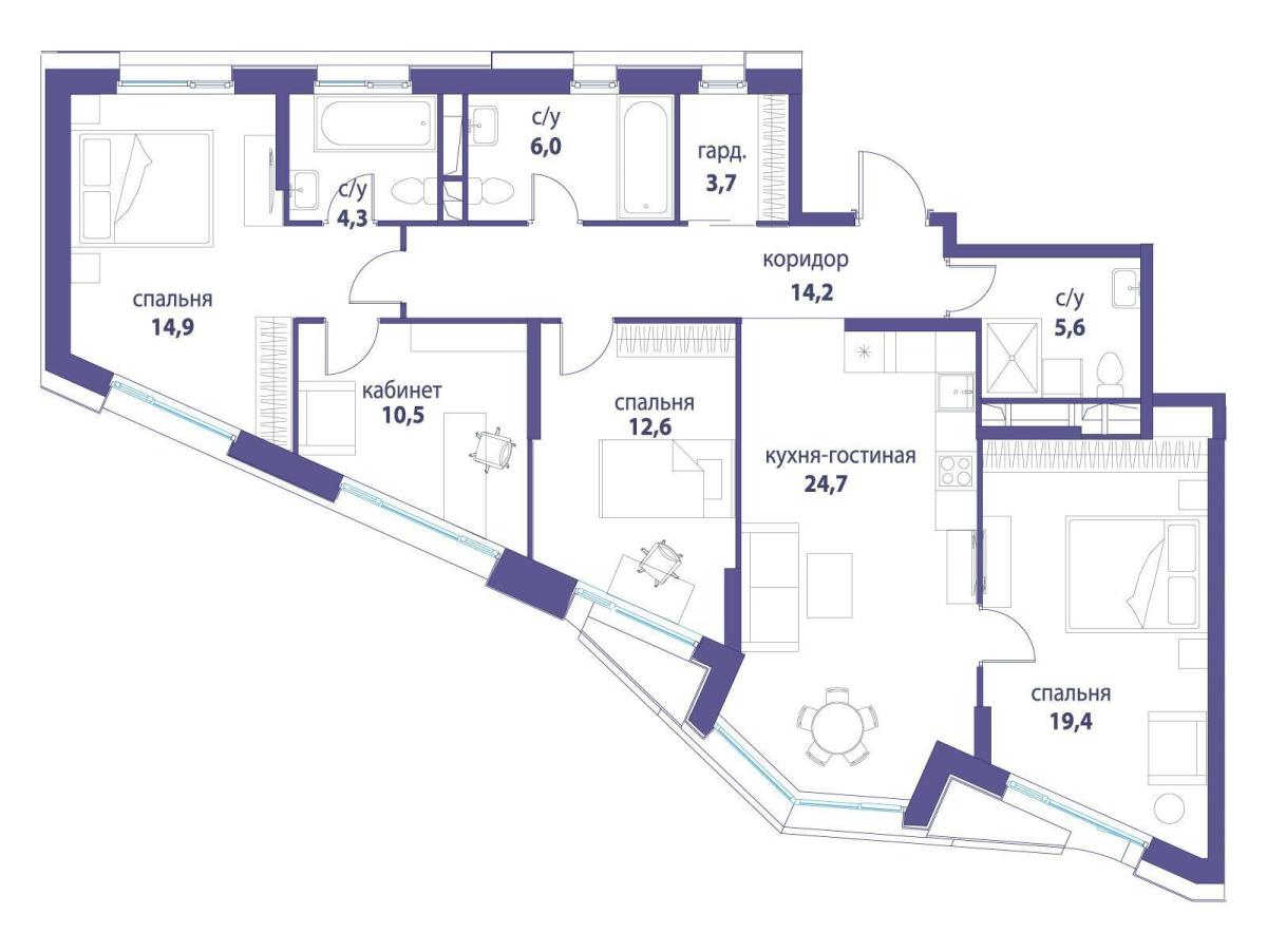 Планировка 4-комнатная квартира в ЖК "Символ"