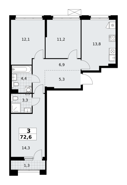 Планировка 3-комнатная квартира в ЖК "Прокшино"