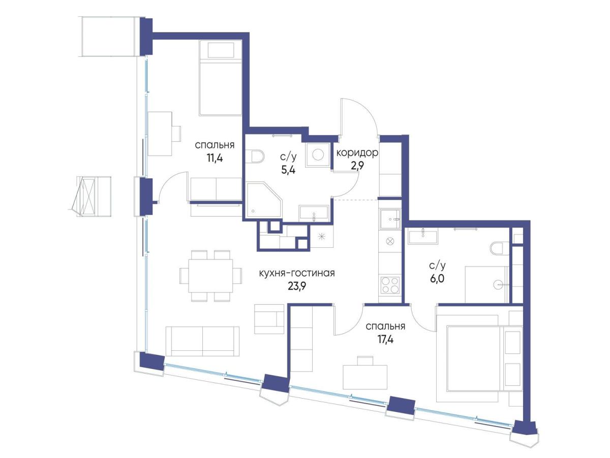 Планировка 2-комнатная квартира в ЖК "Остров"