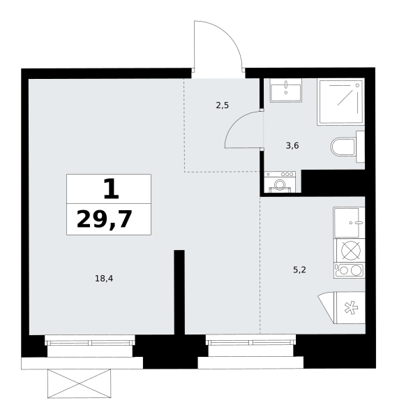 Планировка 1-комнатная квартира в ЖК "Прокшино"