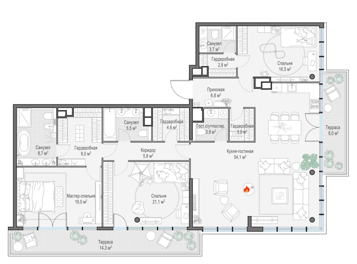 Планировка 4-комнатная квартира в ЖК West Garden (Вест Гарден)