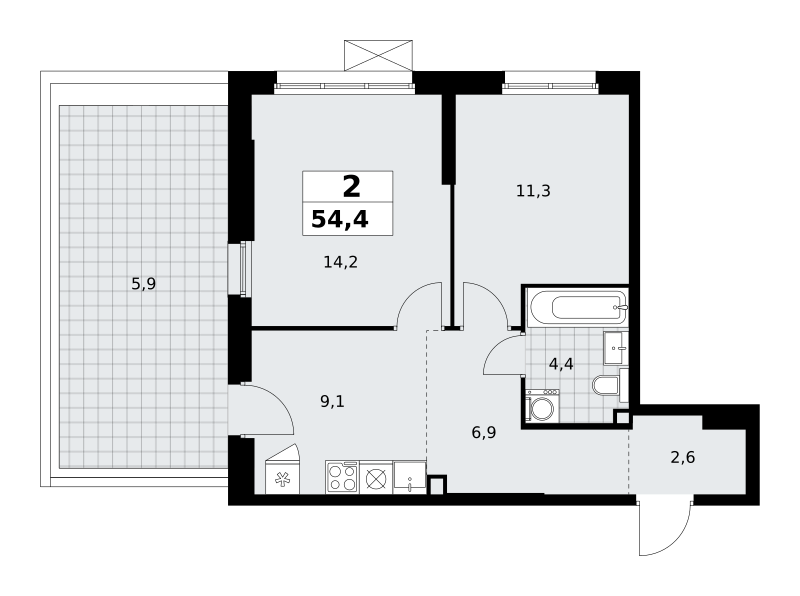 Планировка 2-комнатная квартира в ЖК "Прокшино"