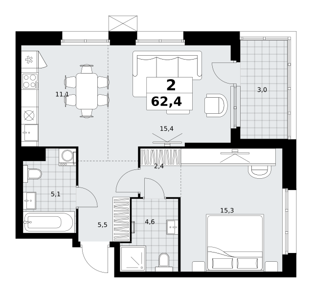 Планировка 2-комнатная квартира в ЖК "Дзен-кварталы"
