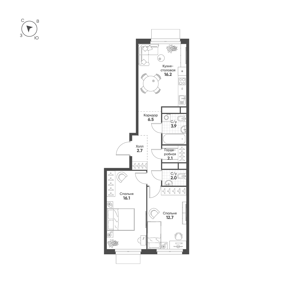 Планировка 2-комнатная квартира в ЖК Shagal (Шагал)