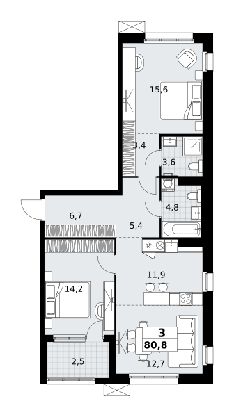 Планировка 3-комнатная квартира в ЖК "Дзен-кварталы"
