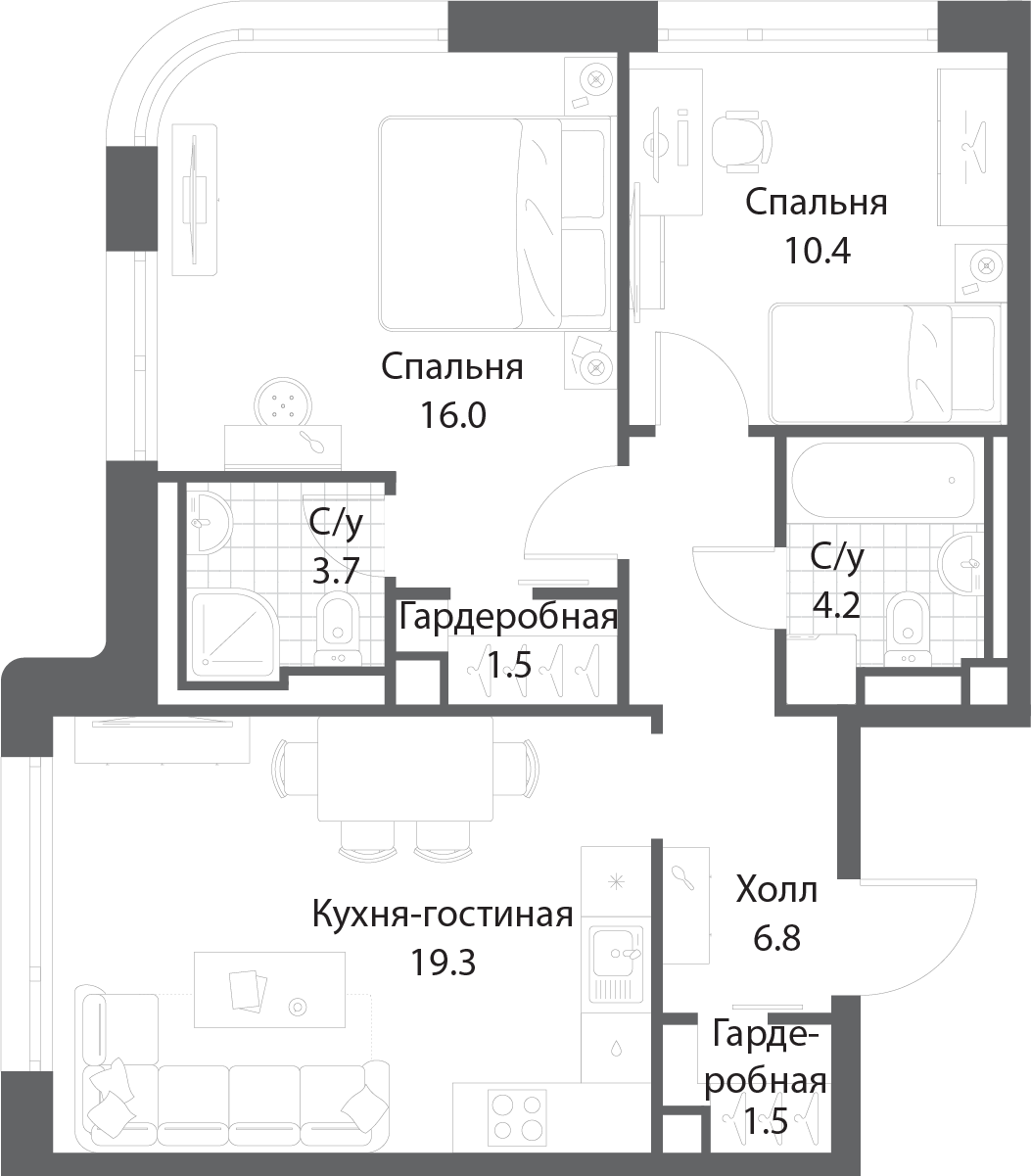 Планировка 2-комнатная квартира в ЖК Nagatino i-Land (Нагатино ай-лэнд)