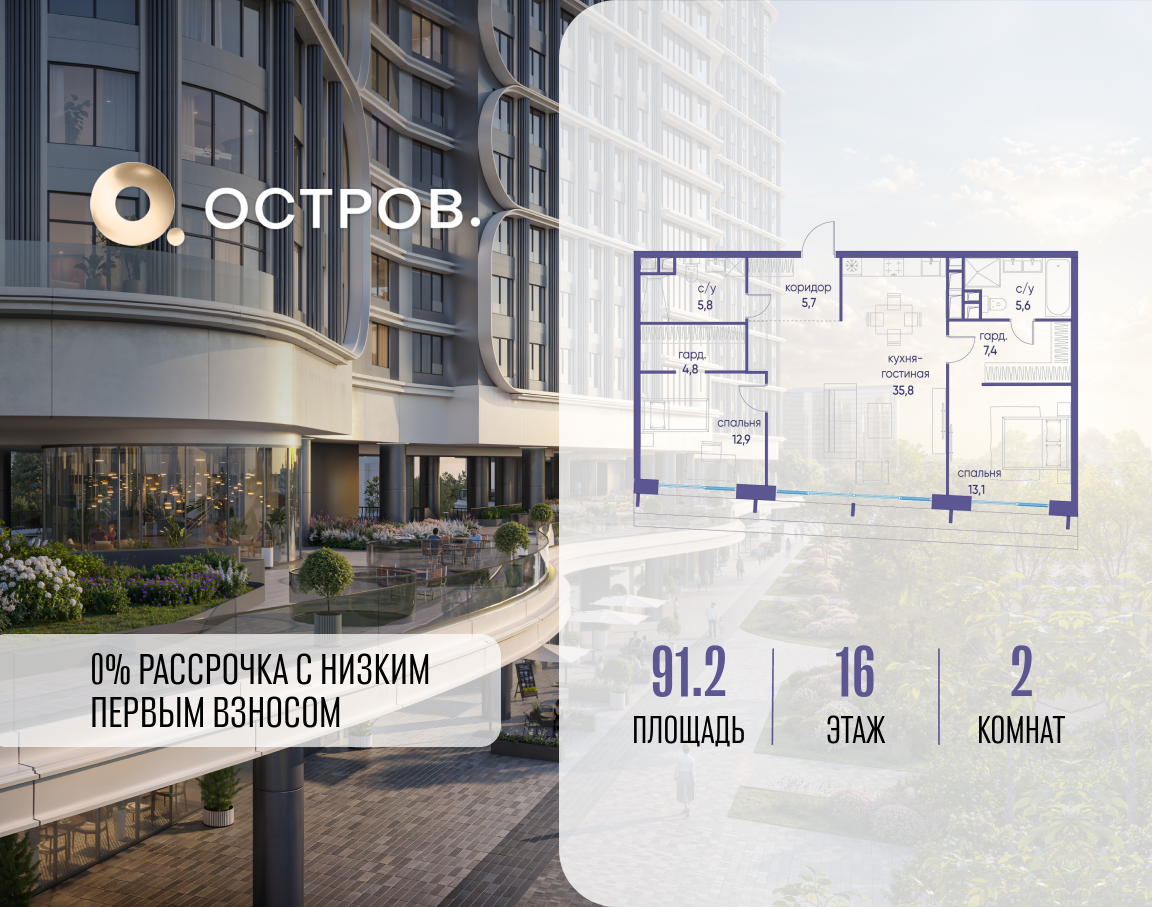 Планировка 2-комнатная квартира в ЖК "Остров"